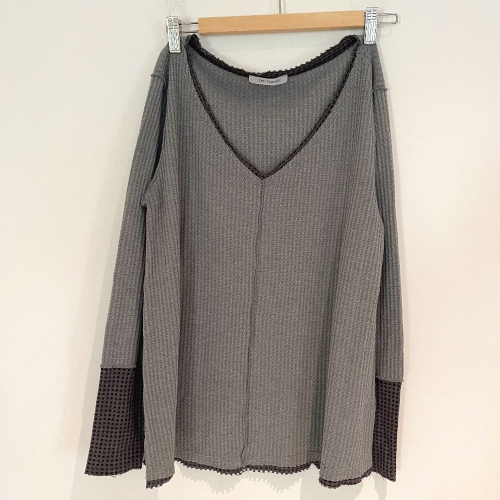 Ces Femme Women Two Tone Gray Long Sleeve Waffle Pullover Top Shirt Size L